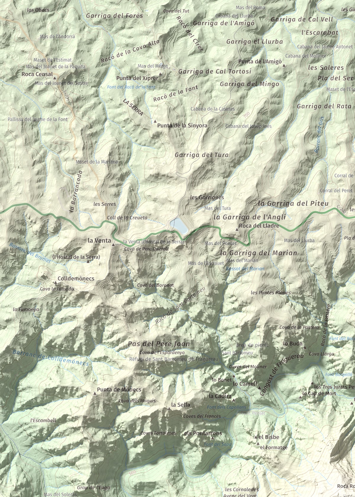 Mapa de relieve de Punta dels Pins Carrassers, 1062 m, Priorat, lámina 100 Cims de Trobart. Detalle de la zona superior izquierda. 50 × 70 cm.