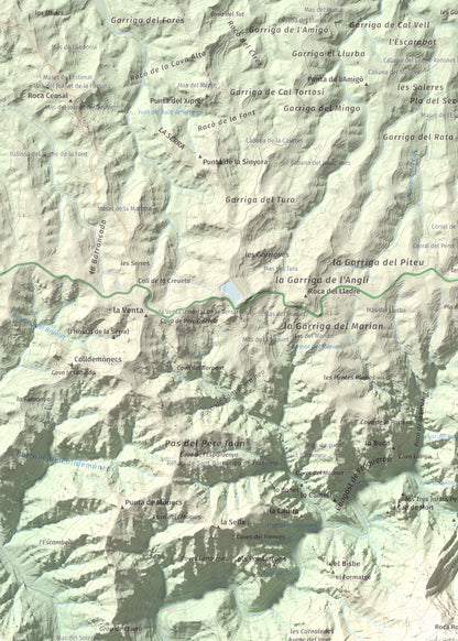 Mapa de relieve de Punta dels Pins Carrassers, 1062 m, Priorat, lámina 100 Cims de Trobart. Detalle de la zona superior izquierda. 50 × 70 cm.