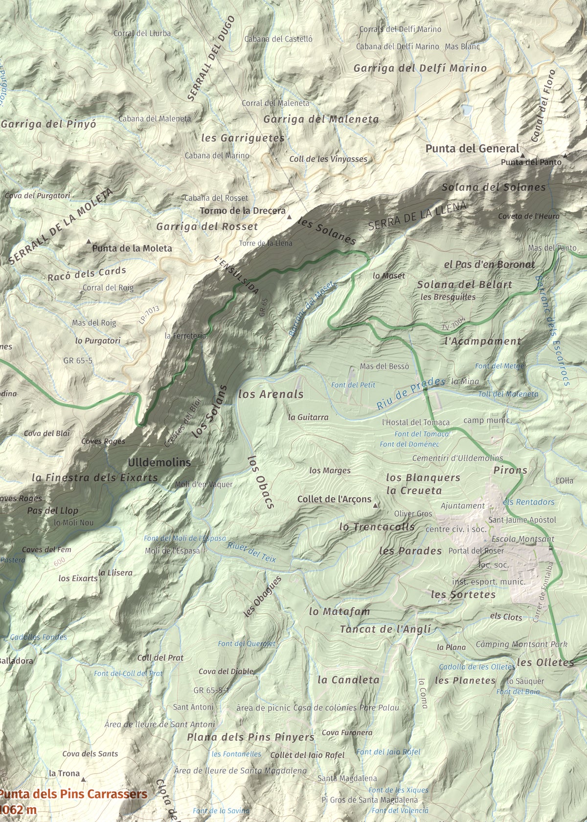 Mapa de relieve de Punta dels Pins Carrassers, 1062 m, Priorat, lámina 100 Cims de Trobart. Detalle de la zona superior derecha. 50 × 70 cm.