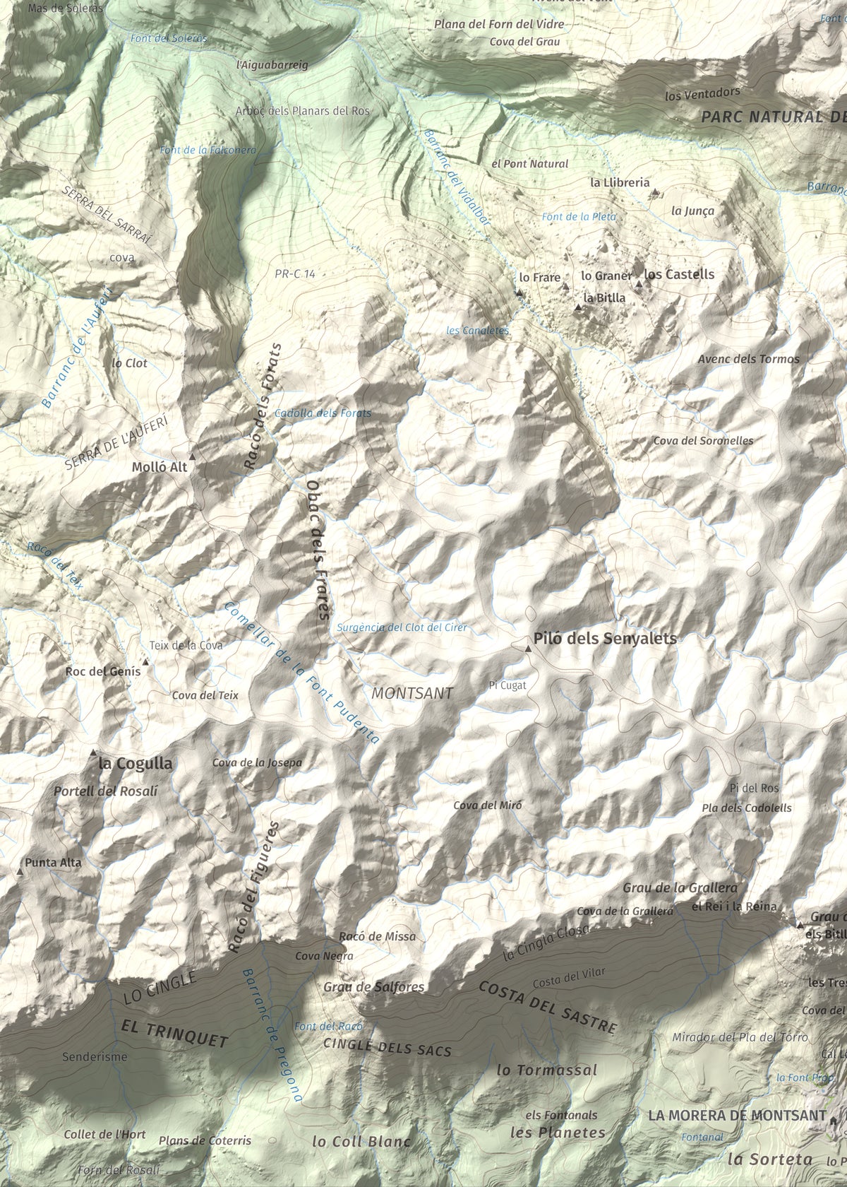 Mapa de relieve de Punta dels Pins Carrassers, 1062 m, Priorat, lámina 100 Cims de Trobart. Detalle de la zona inferior izquierda. 50 × 70 cm.
