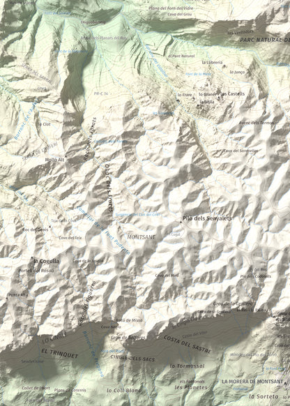 Mapa de relieve de Punta dels Pins Carrassers, 1062 m, Priorat, lámina 100 Cims de Trobart. Detalle de la zona inferior izquierda. 50 × 70 cm.