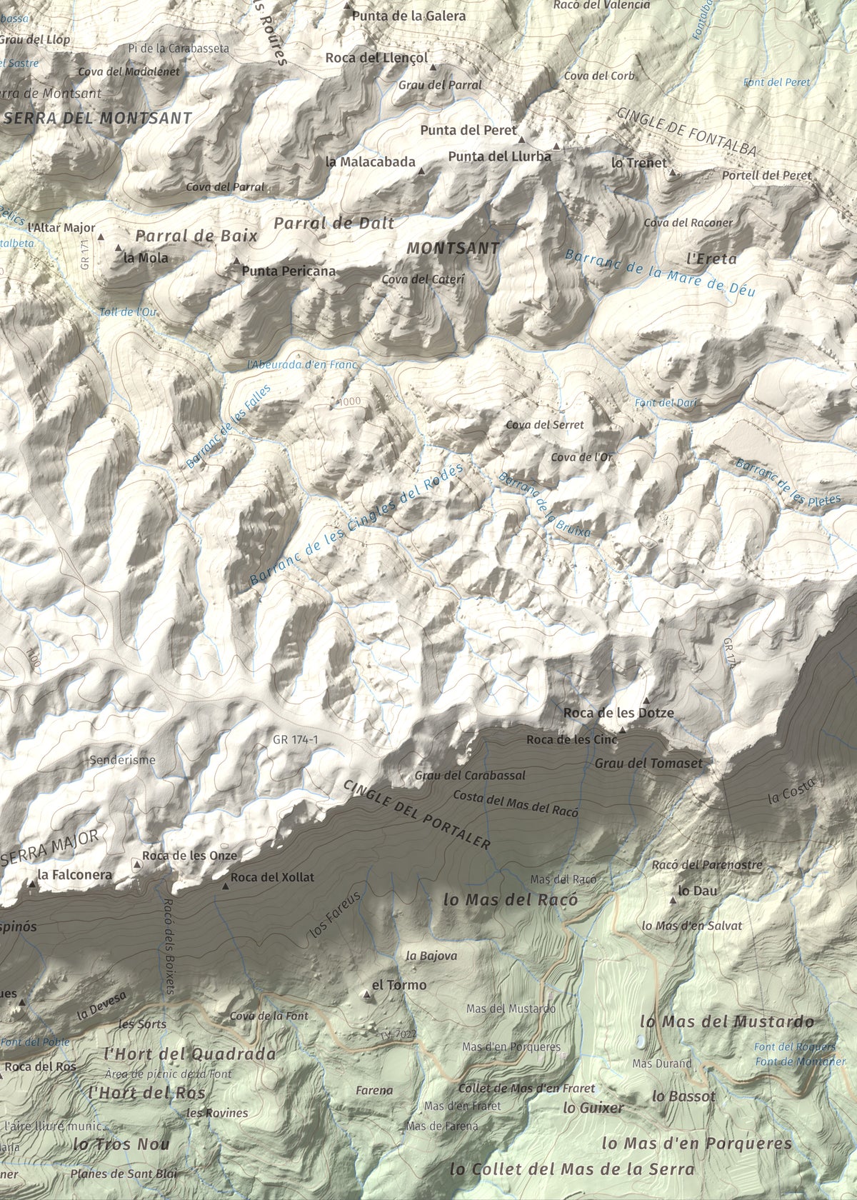 Mapa de relieve de Punta dels Pins Carrassers, 1062 m, Priorat, lámina 100 Cims de Trobart. Detalle de la zona inferior derecha. 50 × 70 cm.