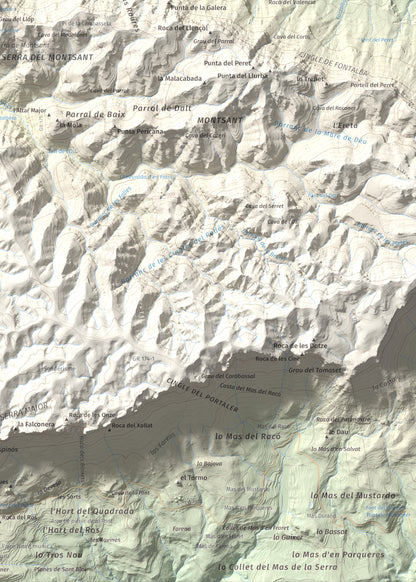 Mapa de relieve de Punta dels Pins Carrassers, 1062 m, Priorat, lámina 100 Cims de Trobart. Detalle de la zona inferior derecha. 50 × 70 cm.
