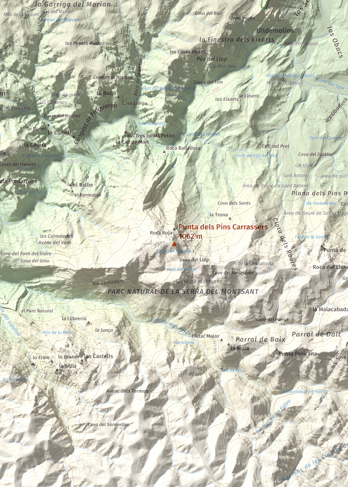 Mapa de relieve de Punta dels Pins Carrassers, 1062 m, Priorat, lámina 100 Cims de Trobart. Detalle de la zona central. 50 × 70 cm.