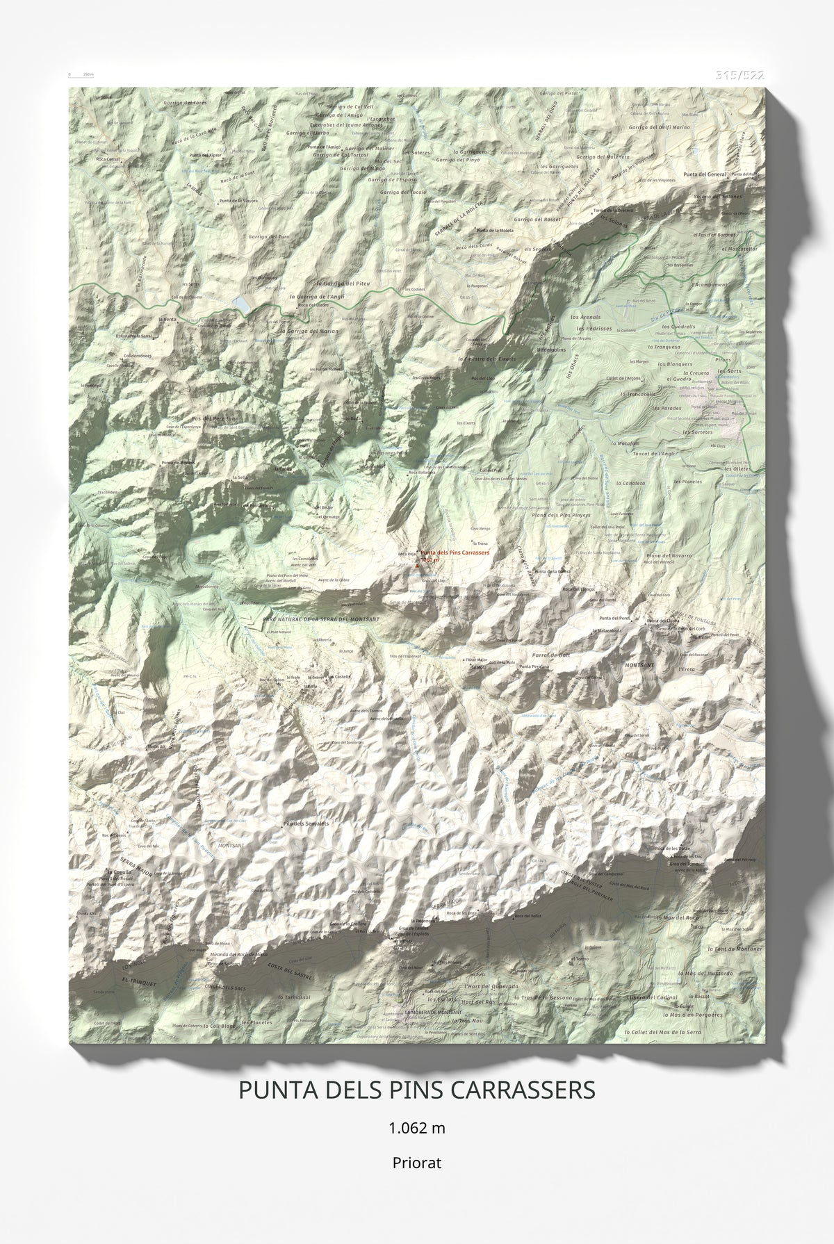 Mapa de relieve de Punta dels Pins Carrassers, 1062 m, Priorat, lámina 100 Cims de Trobart 61 × 91 cm.