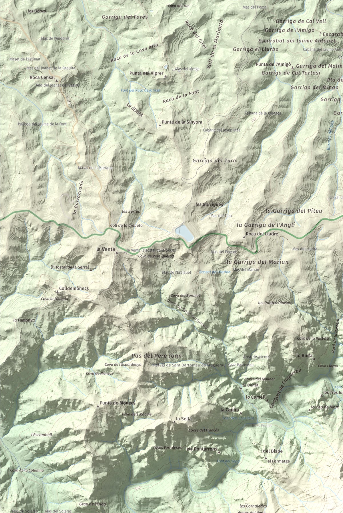 Mapa de relieve de Punta dels Pins Carrassers, 1062 m, Priorat, lámina 100 Cims de Trobart. Detalle de la zona superior izquierda. 61 × 91 cm.