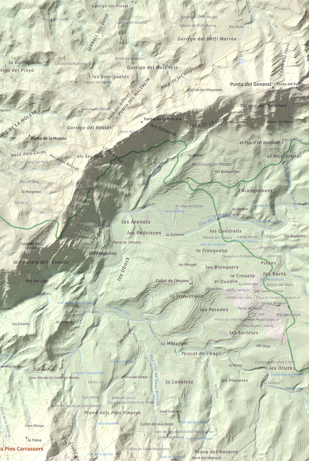 Mapa de relieve de Punta dels Pins Carrassers, 1062 m, Priorat, lámina 100 Cims de Trobart. Detalle de la zona superior derecha. 61 × 91 cm.