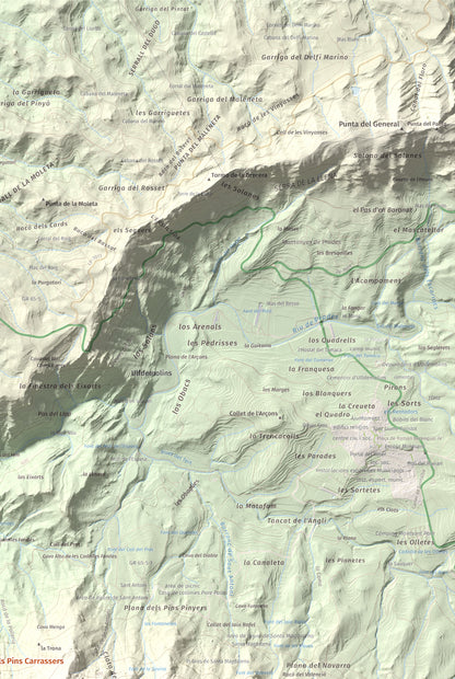 Mapa de relieve de Punta dels Pins Carrassers, 1062 m, Priorat, lámina 100 Cims de Trobart. Detalle de la zona superior derecha. 61 × 91 cm.
