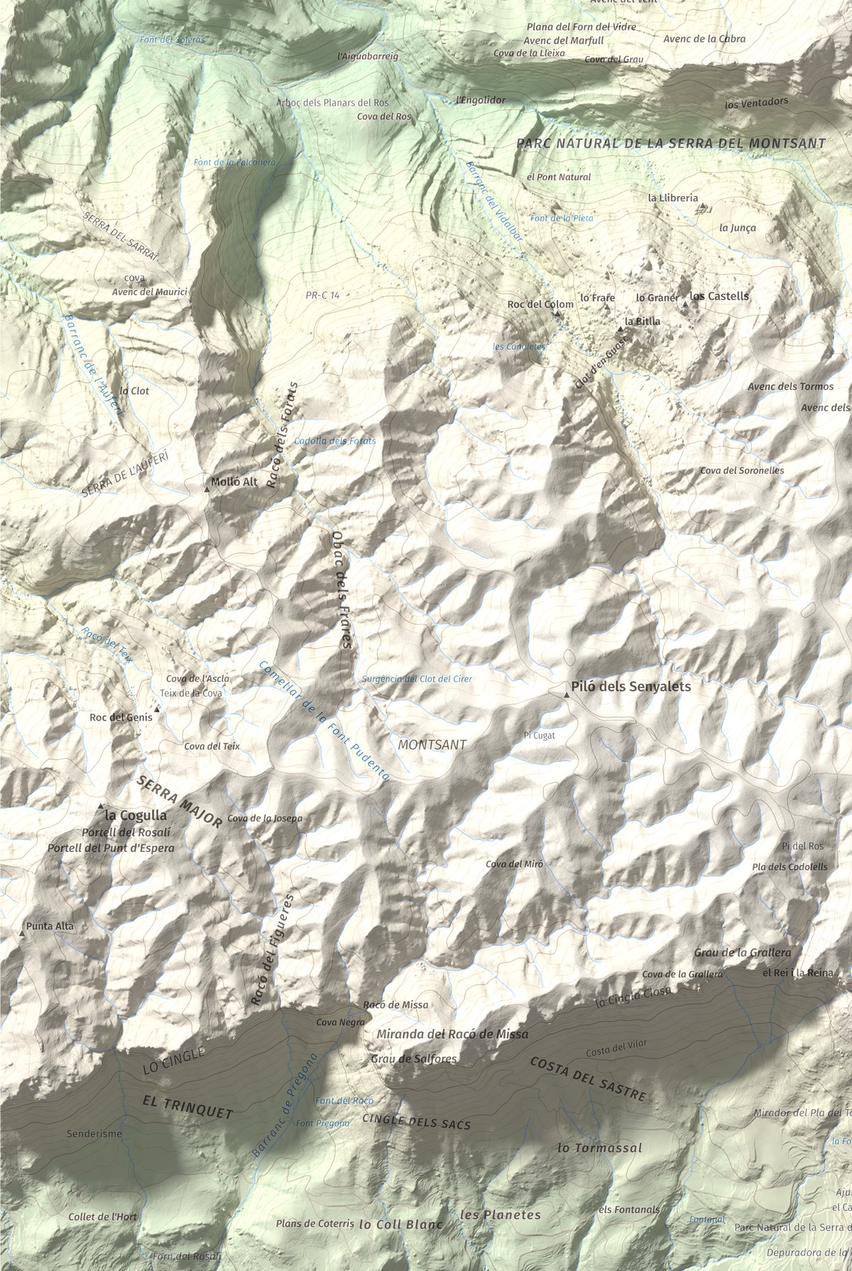 Mapa de relieve de Punta dels Pins Carrassers, 1062 m, Priorat, lámina 100 Cims de Trobart. Detalle de la zona inferior izquierda. 61 × 91 cm.