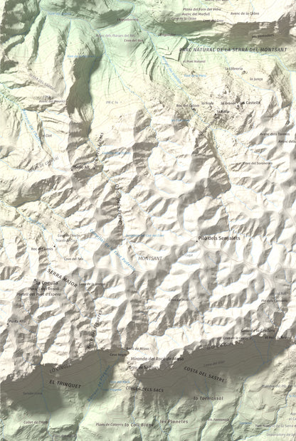 Mapa de relieve de Punta dels Pins Carrassers, 1062 m, Priorat, lámina 100 Cims de Trobart. Detalle de la zona inferior izquierda. 61 × 91 cm.