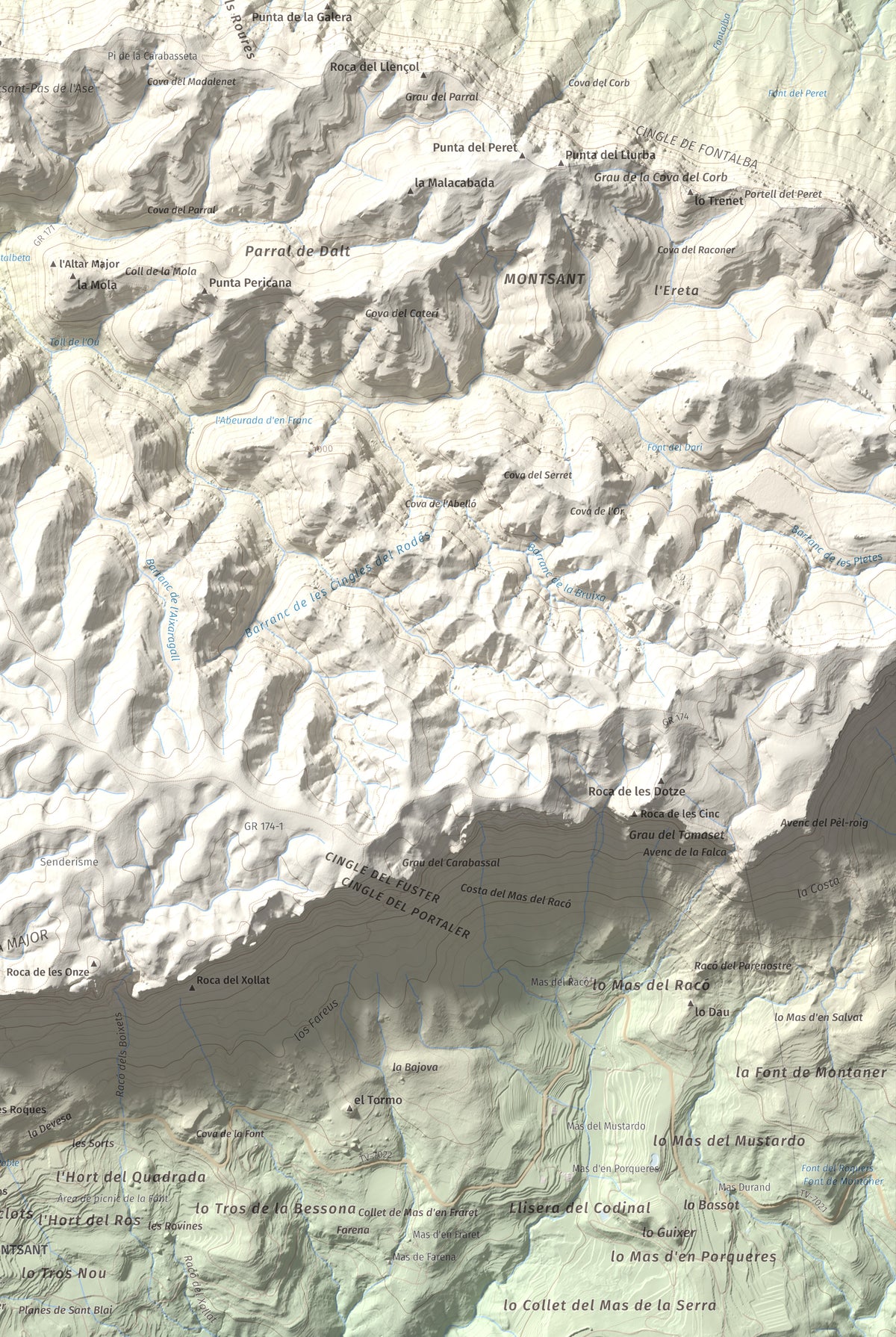 Mapa de relieve de Punta dels Pins Carrassers, 1062 m, Priorat, lámina 100 Cims de Trobart. Detalle de la zona inferior derecha. 61 × 91 cm.