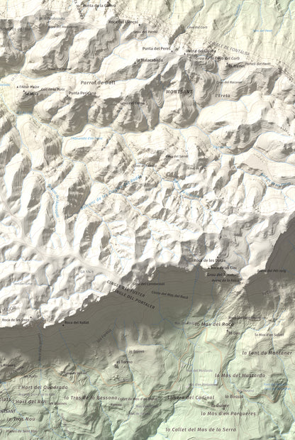 Mapa de relieve de Punta dels Pins Carrassers, 1062 m, Priorat, lámina 100 Cims de Trobart. Detalle de la zona inferior derecha. 61 × 91 cm.