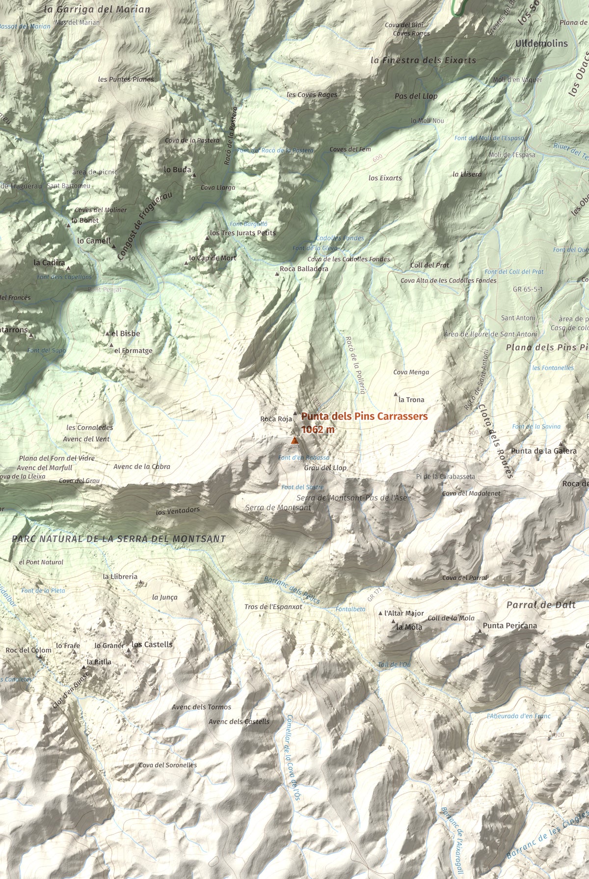 Mapa de relieve de Punta dels Pins Carrassers, 1062 m, Priorat, lámina 100 Cims de Trobart. Detalle de la zona central. 61 × 91 cm.
