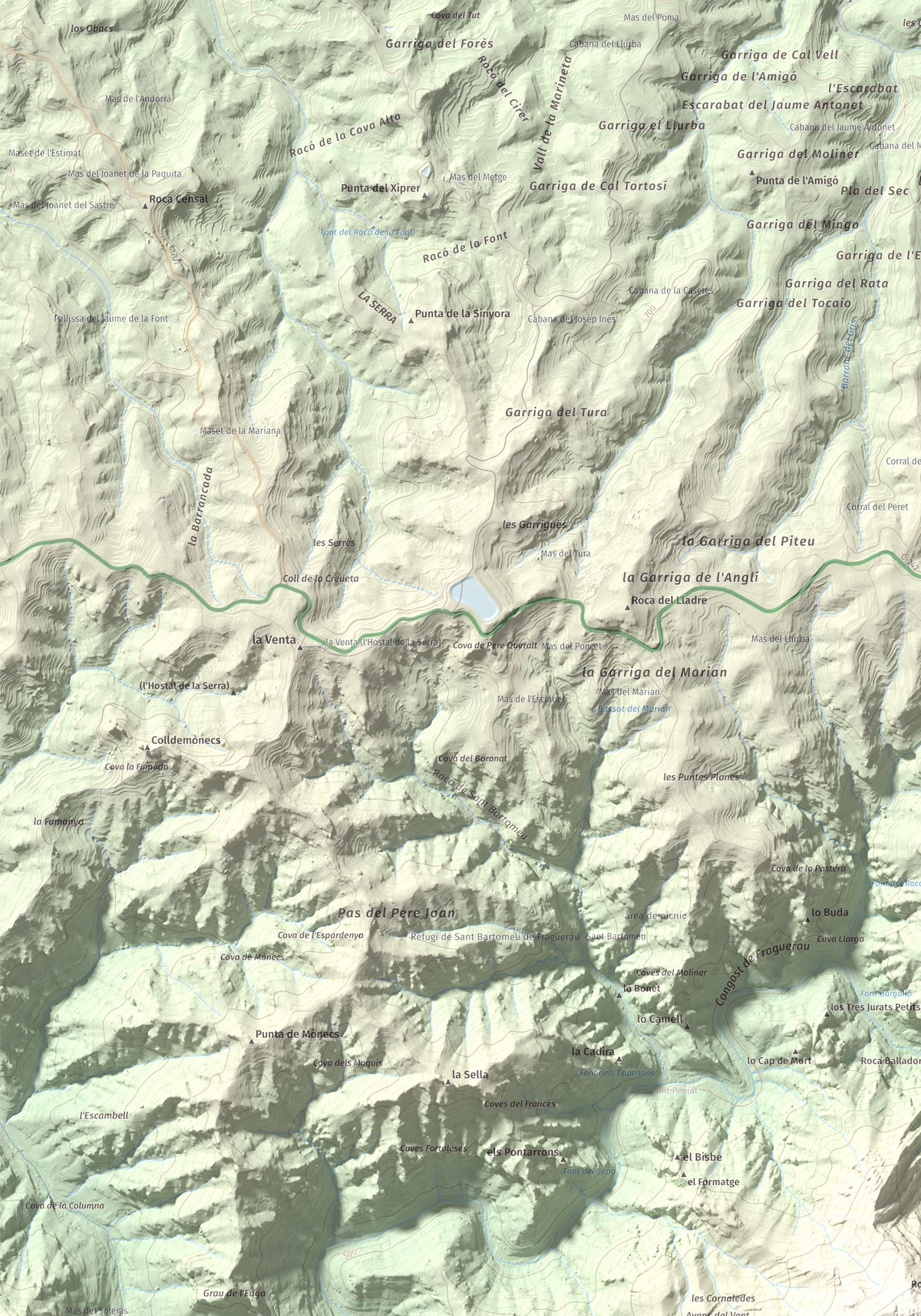 Mapa de relieve de Punta dels Pins Carrassers, 1062 m, Priorat, lámina 100 Cims de Trobart. Detalle de la zona superior izquierda. 70 × 100 cm.