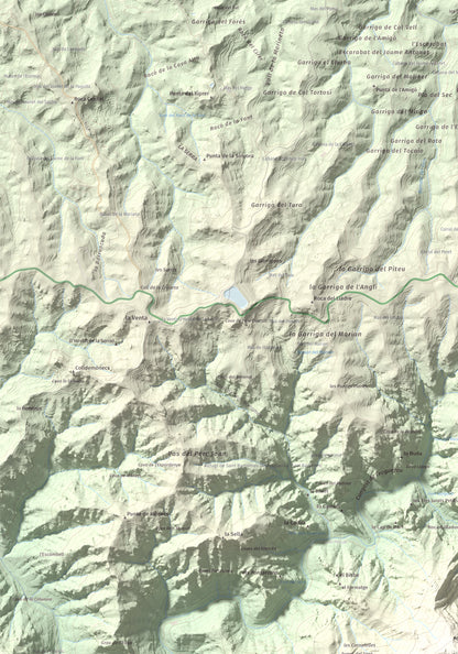 Mapa de relieve de Punta dels Pins Carrassers, 1062 m, Priorat, lámina 100 Cims de Trobart. Detalle de la zona superior izquierda. 70 × 100 cm.