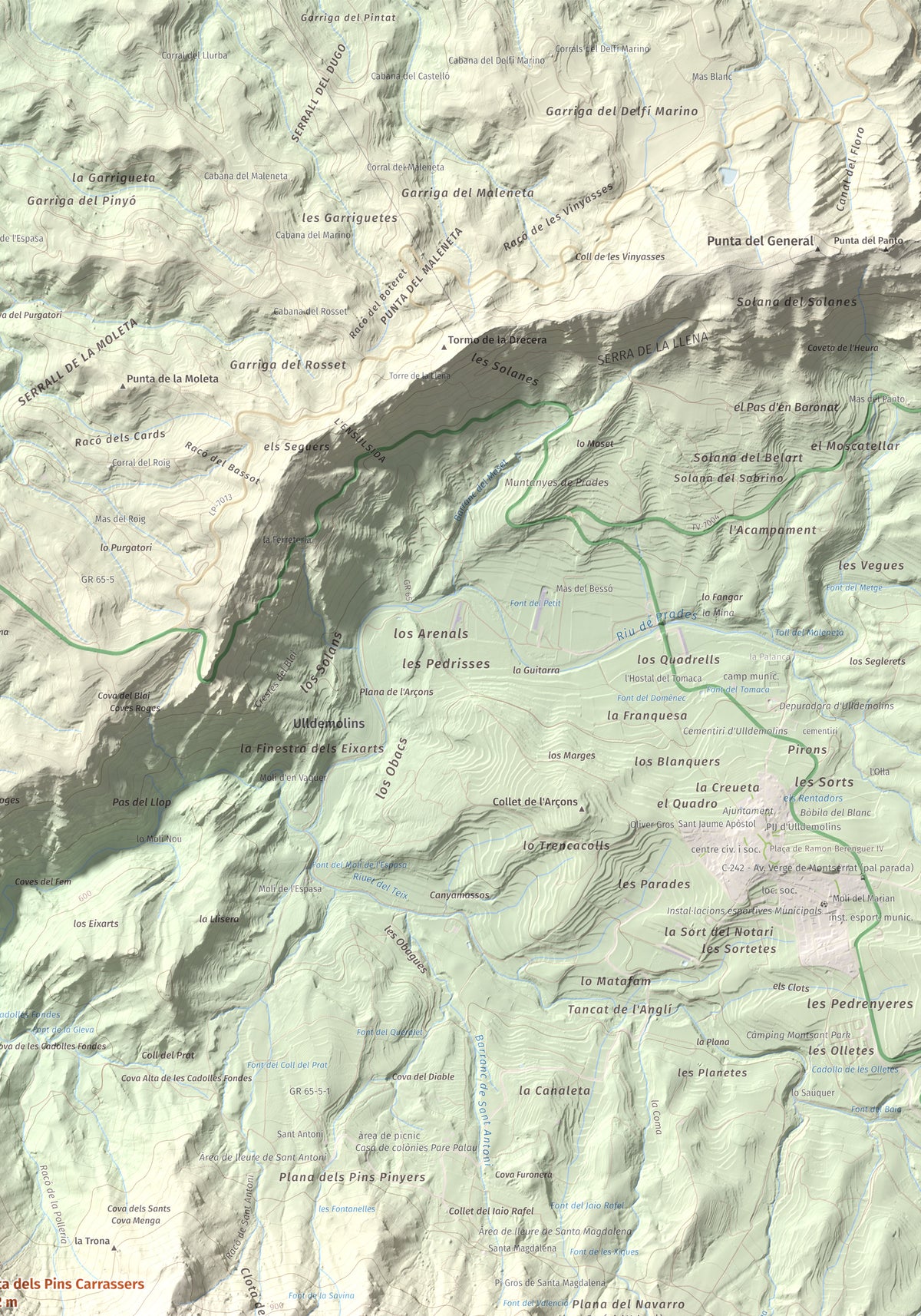 Mapa de relieve de Punta dels Pins Carrassers, 1062 m, Priorat, lámina 100 Cims de Trobart. Detalle de la zona superior derecha. 70 × 100 cm.