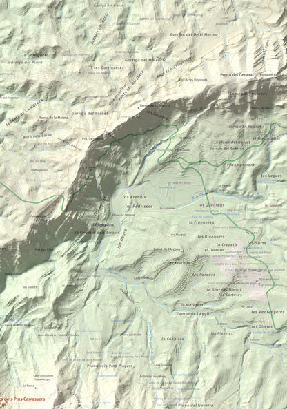 Mapa de relieve de Punta dels Pins Carrassers, 1062 m, Priorat, lámina 100 Cims de Trobart. Detalle de la zona superior derecha. 70 × 100 cm.