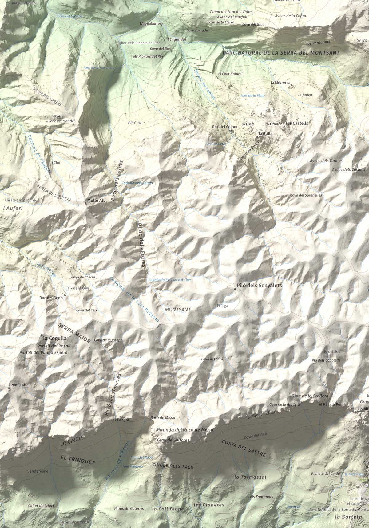 Mapa de relieve de Punta dels Pins Carrassers, 1062 m, Priorat, lámina 100 Cims de Trobart. Detalle de la zona inferior izquierda. 70 × 100 cm.