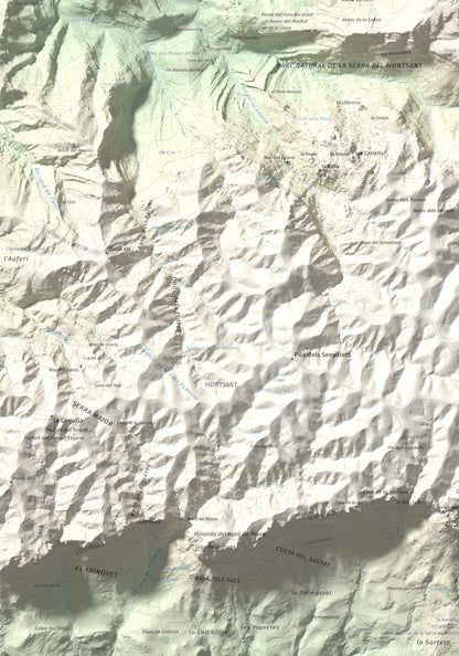 Mapa de relieve de Punta dels Pins Carrassers, 1062 m, Priorat, lámina 100 Cims de Trobart. Detalle de la zona inferior izquierda. 70 × 100 cm.
