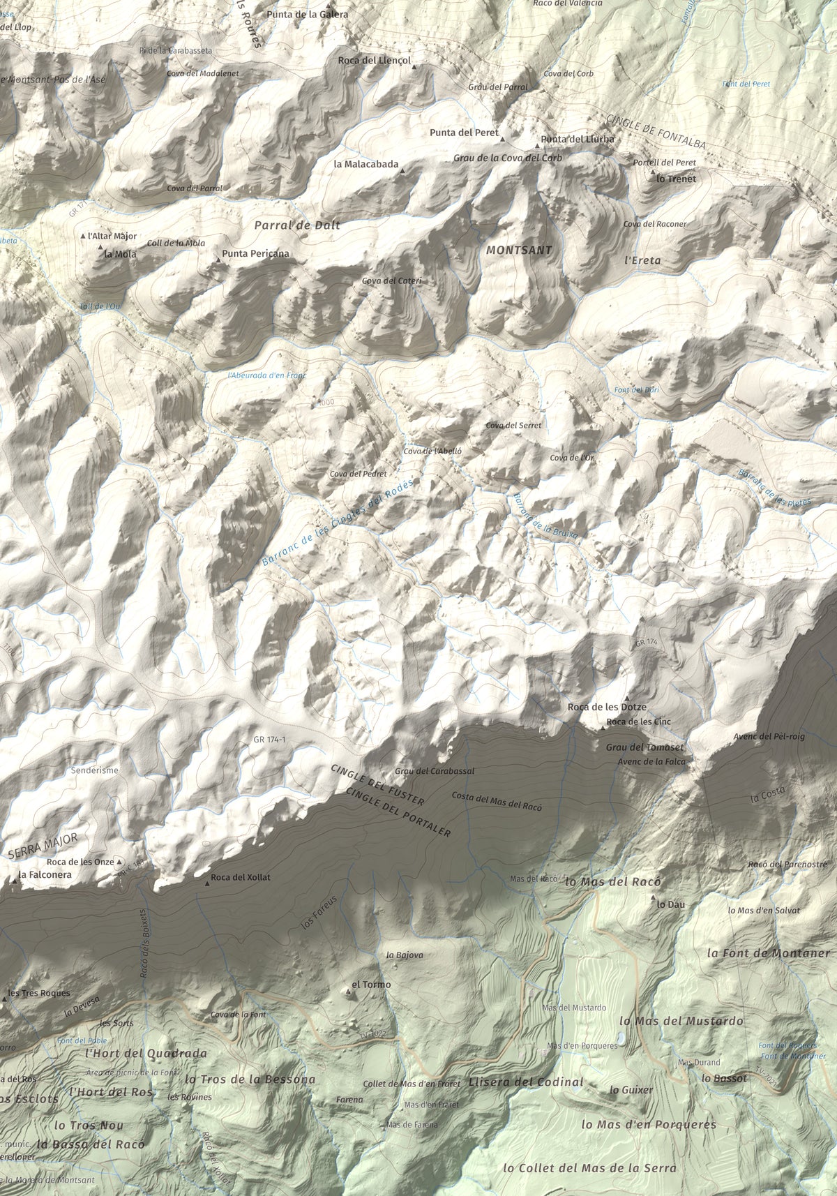 Mapa de relieve de Punta dels Pins Carrassers, 1062 m, Priorat, lámina 100 Cims de Trobart. Detalle de la zona inferior derecha. 70 × 100 cm.
