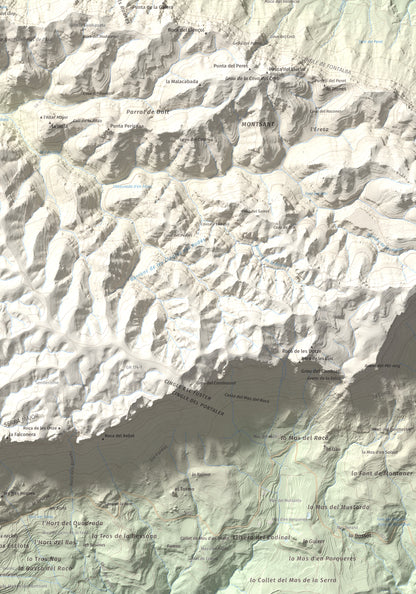 Mapa de relieve de Punta dels Pins Carrassers, 1062 m, Priorat, lámina 100 Cims de Trobart. Detalle de la zona inferior derecha. 70 × 100 cm.