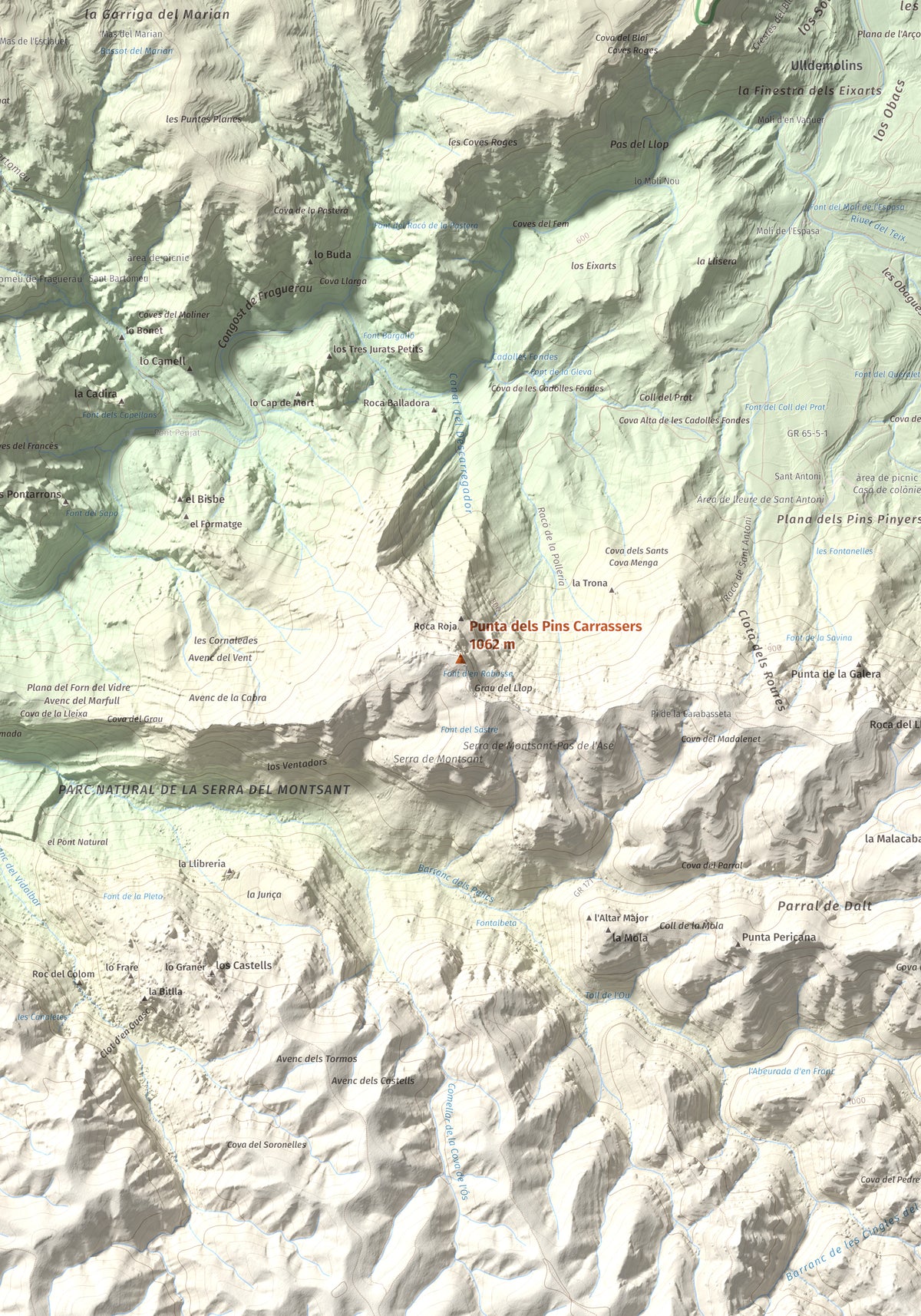 Mapa de relieve de Punta dels Pins Carrassers, 1062 m, Priorat, lámina 100 Cims de Trobart. Detalle de la zona central. 70 × 100 cm.
