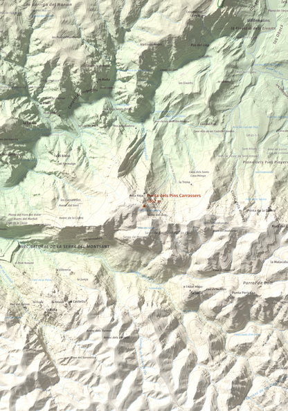 Mapa de relieve de Punta dels Pins Carrassers, 1062 m, Priorat, lámina 100 Cims de Trobart. Detalle de la zona central. 70 × 100 cm.