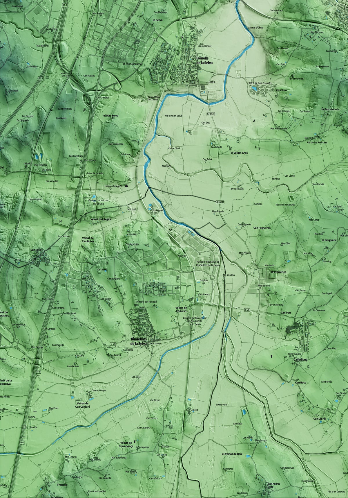 Mapa artístico del relieve de Quart, al Gironès, con 15 km de entorno y base topográfica ICGC. Detalle de la zona inferior izquierda.