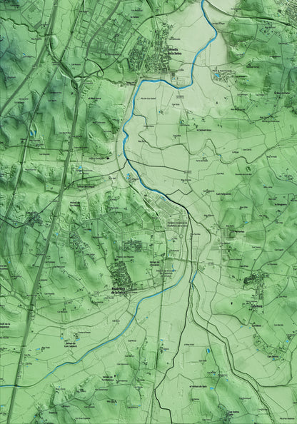 Mapa artístico del relieve de Quart, al Gironès, con 15 km de entorno y base topográfica ICGC. Detalle de la zona inferior izquierda.
