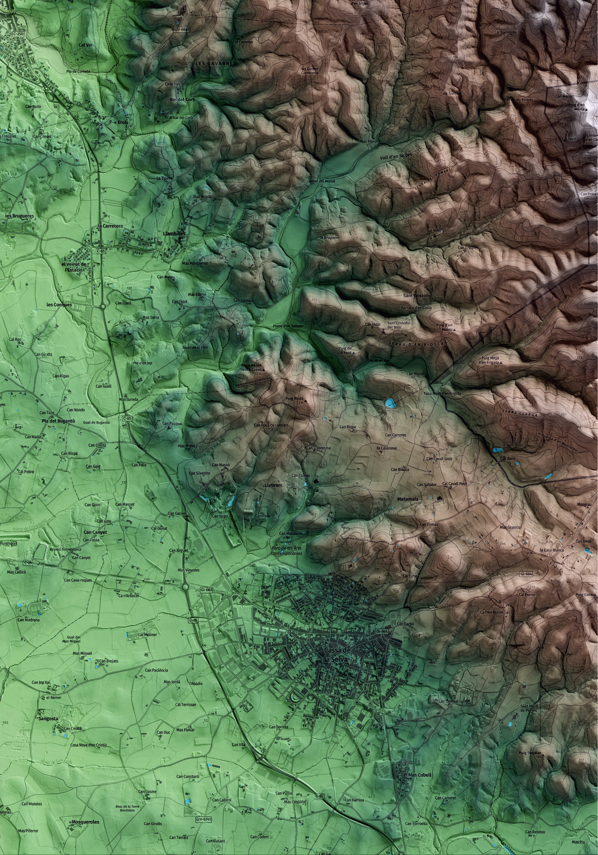 Mapa artístico del relieve de Quart, al Gironès, con 15 km de entorno y base topográfica ICGC. Detalle de la zona inferior derecha.