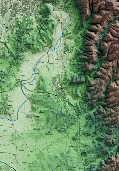 Mapa artístico del relieve de Quart, al Gironès, con 15 km de entorno y base topográfica ICGC. Detalle de la zona central.
