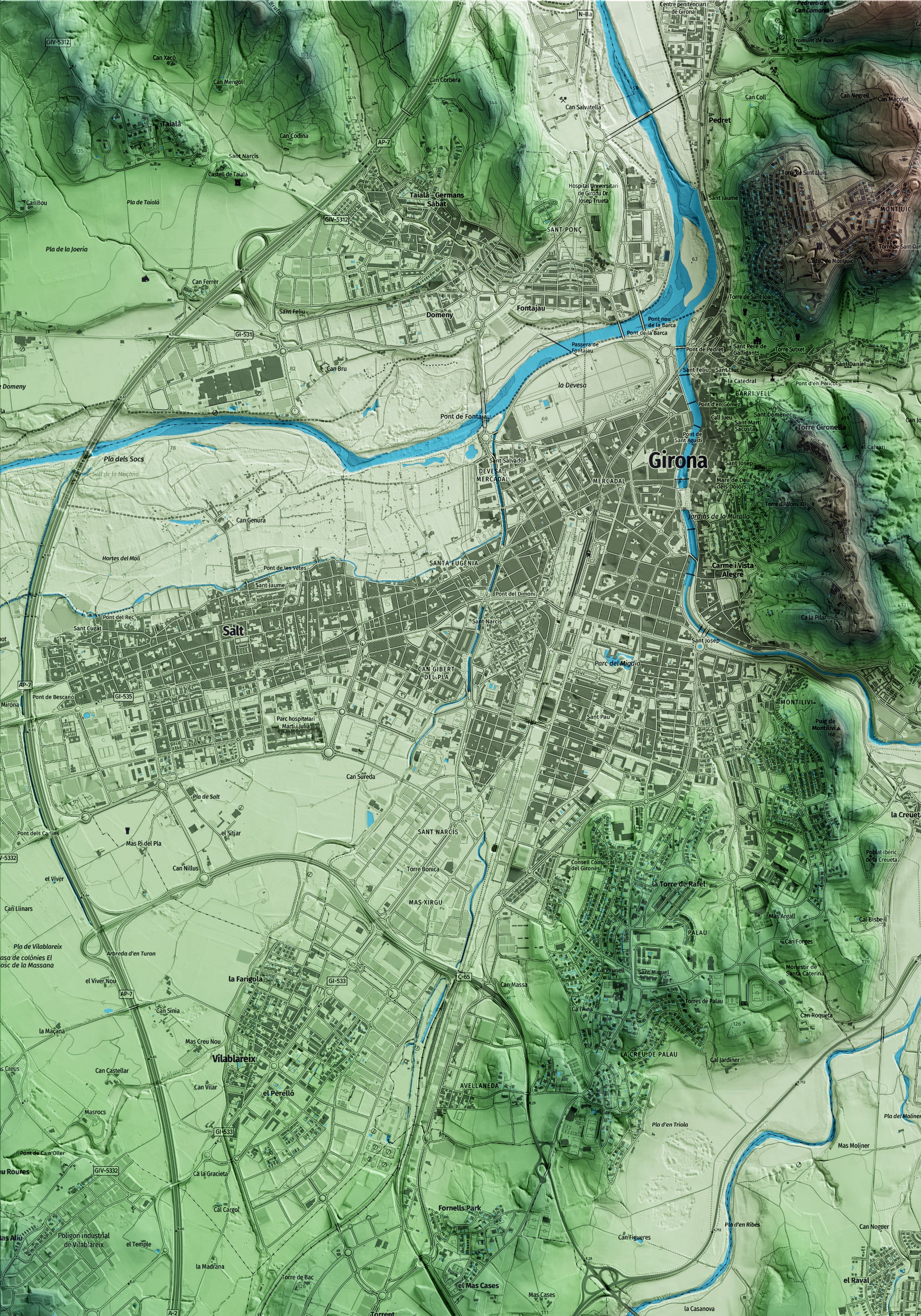 Mapa artístico del relieve de Quart, al Gironès, con 15 km de entorno y base topográfica ICGC. Detalle de la zona superior izquierda.
