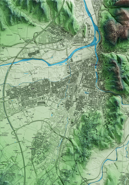 Mapa artístico del relieve de Quart, al Gironès, con 15 km de entorno y base topográfica ICGC. Detalle de la zona superior izquierda.