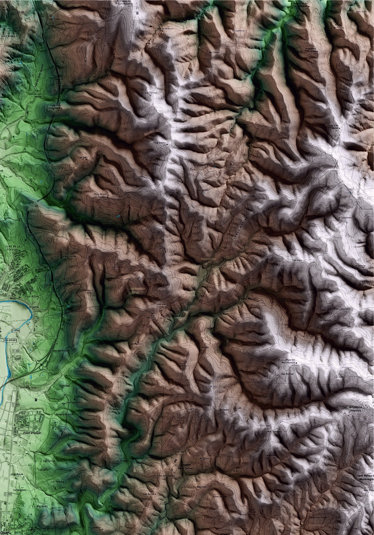 Mapa artístico del relieve de Quart, al Gironès, con 15 km de entorno y base topográfica ICGC. Detalle de la zona superior derecha.