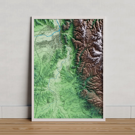 Mapa artístico del relieve de Quart, al Gironès, con 15 km de entorno y base topográfica ICGC. Presentación enmarcada.