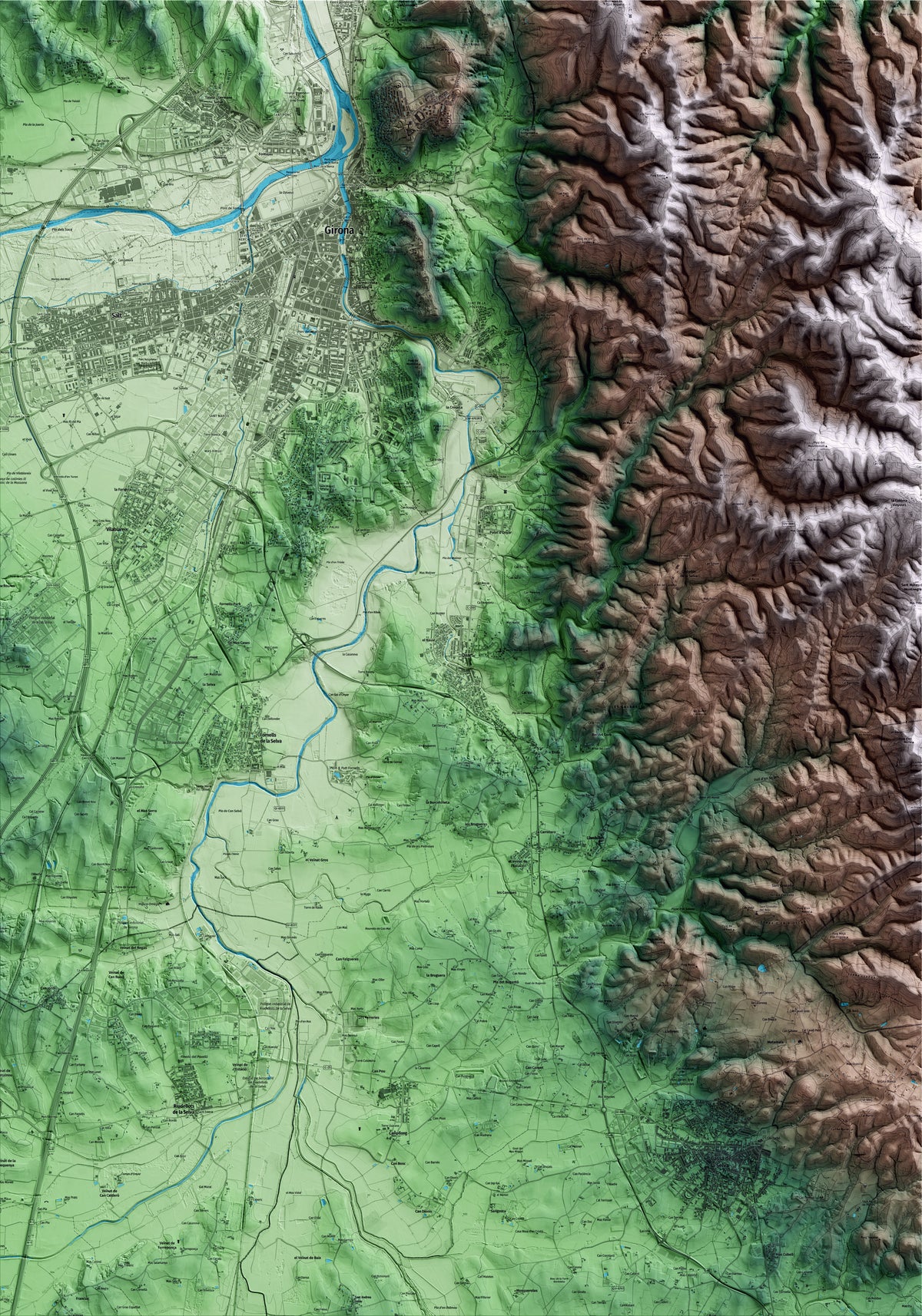 Mapa artístico del relieve de Quart, al Gironès, con 15 km de entorno y base topográfica ICGC