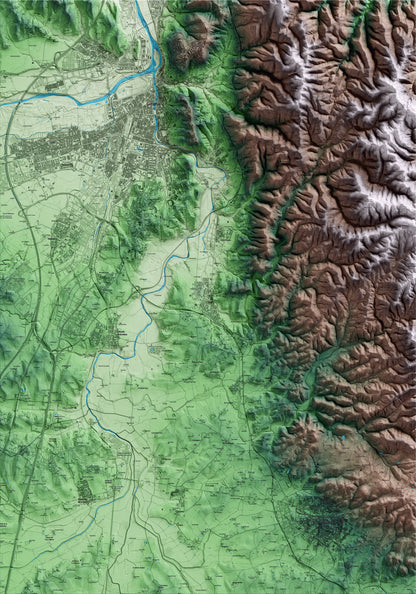 Mapa artístico del relieve de Quart, al Gironès, con 15 km de entorno y base topográfica ICGC