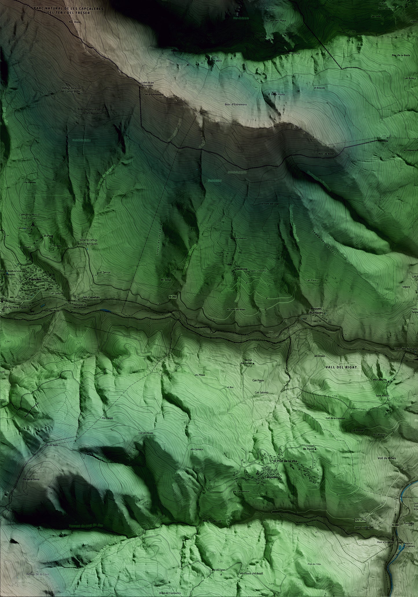 Mapa artístico del relieve de Queralbs, al Ripollès, con 15 km de entorno y base topográfica ICGC. Detalle de la zona inferior izquierda.