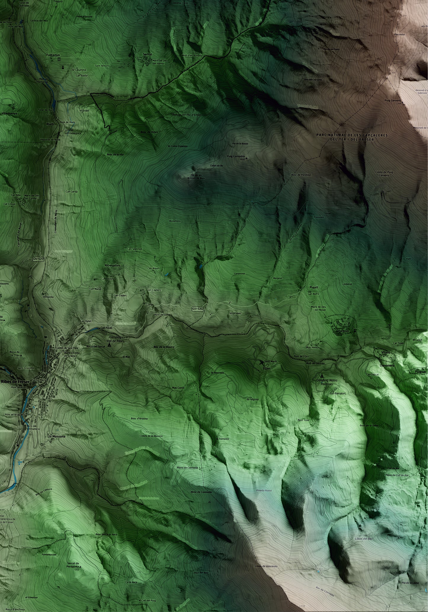 Mapa artístico del relieve de Queralbs, al Ripollès, con 15 km de entorno y base topográfica ICGC. Detalle de la zona inferior derecha.