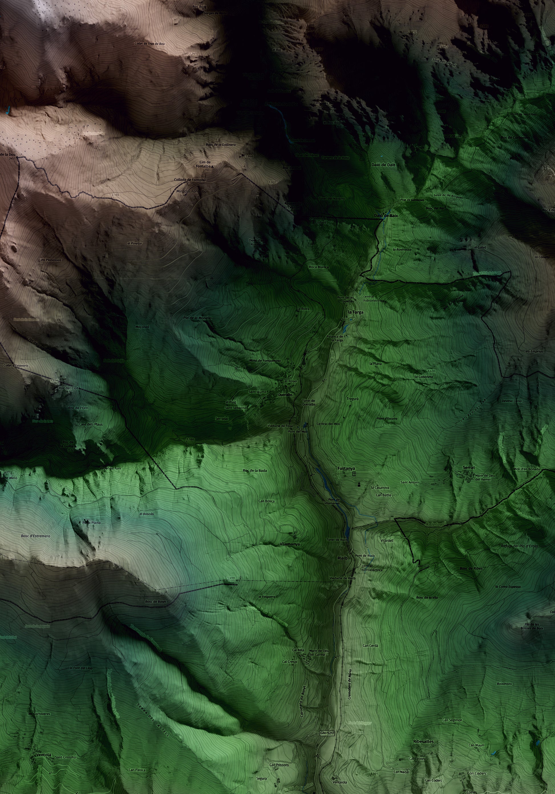 Mapa artístico del relieve de Queralbs, al Ripollès, con 15 km de entorno y base topográfica ICGC. Detalle de la zona central.