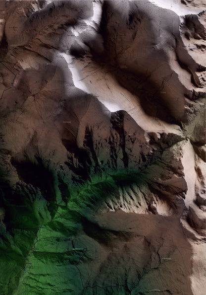 Mapa artístico del relieve de Queralbs, al Ripollès, con 15 km de entorno y base topográfica ICGC. Detalle de la zona superior derecha.