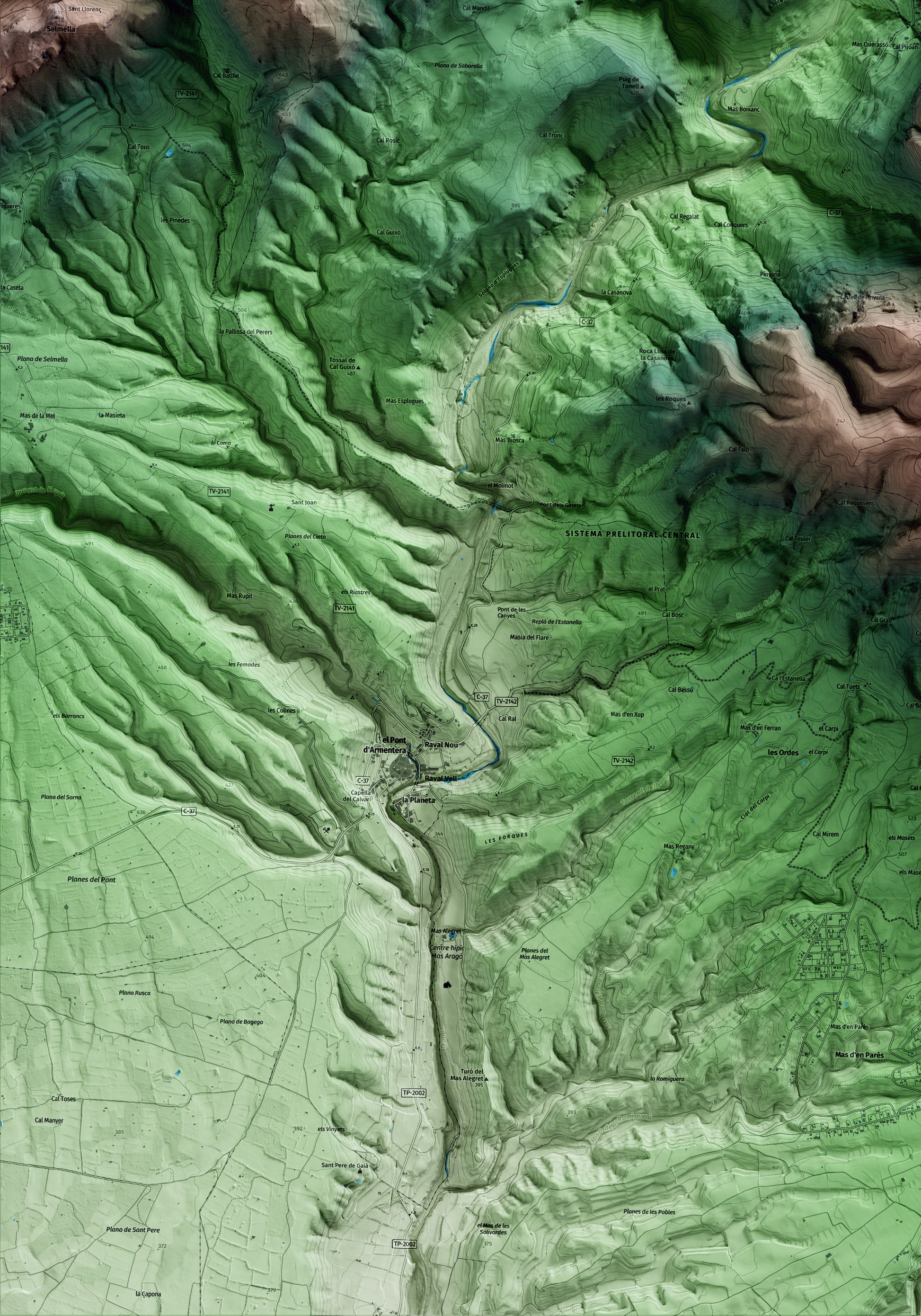 Mapa artístico del relieve de Querol, al Alt Camp, con 15 km de entorno y base topográfica ICGC. Detalle de la zona inferior izquierda.