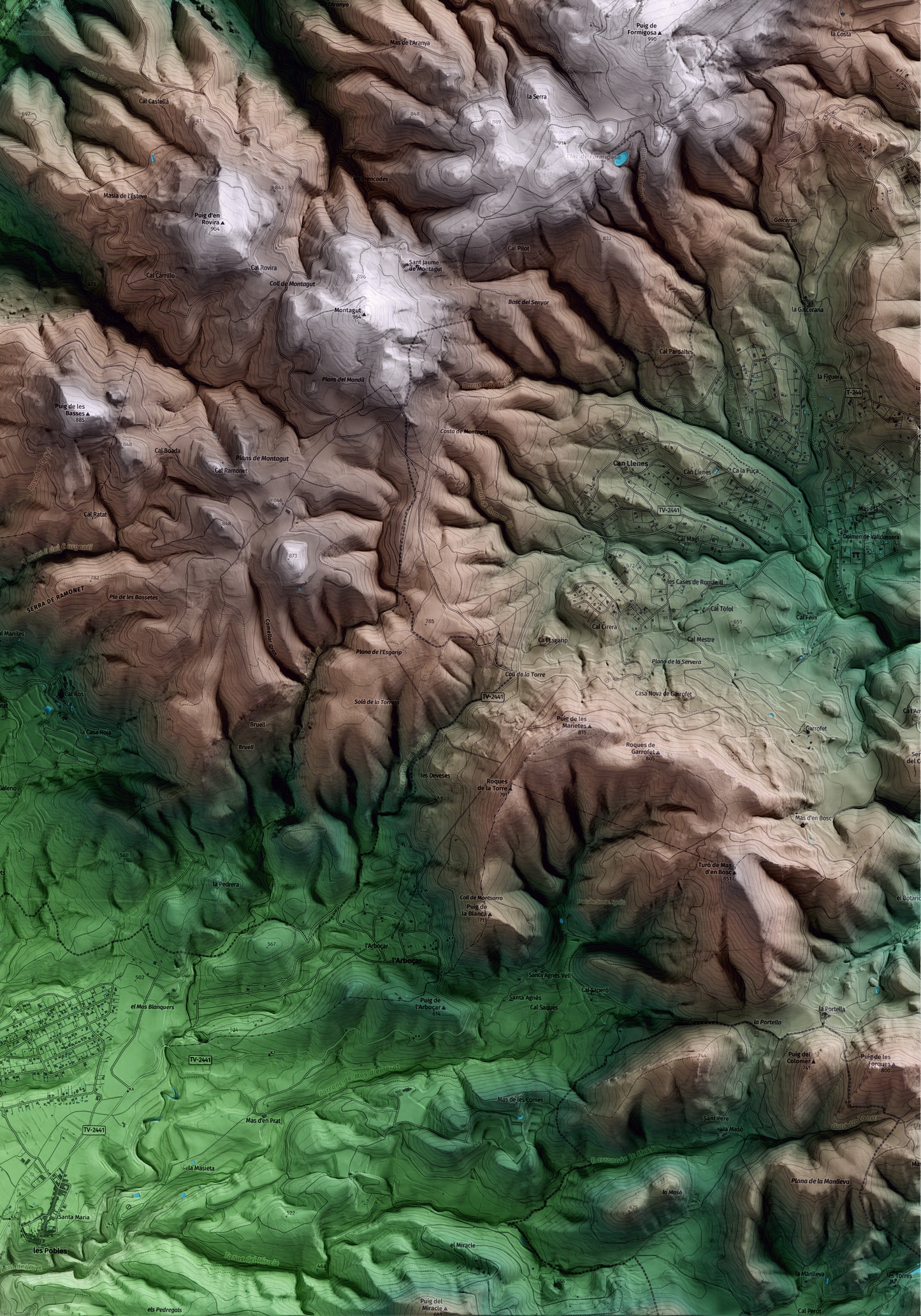 Mapa artístico del relieve de Querol, al Alt Camp, con 15 km de entorno y base topográfica ICGC. Detalle de la zona inferior derecha.
