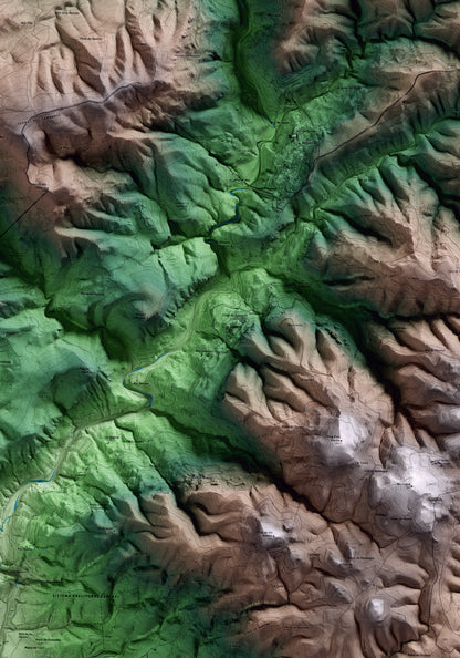 Mapa artístico del relieve de Querol, al Alt Camp, con 15 km de entorno y base topográfica ICGC. Detalle de la zona central.