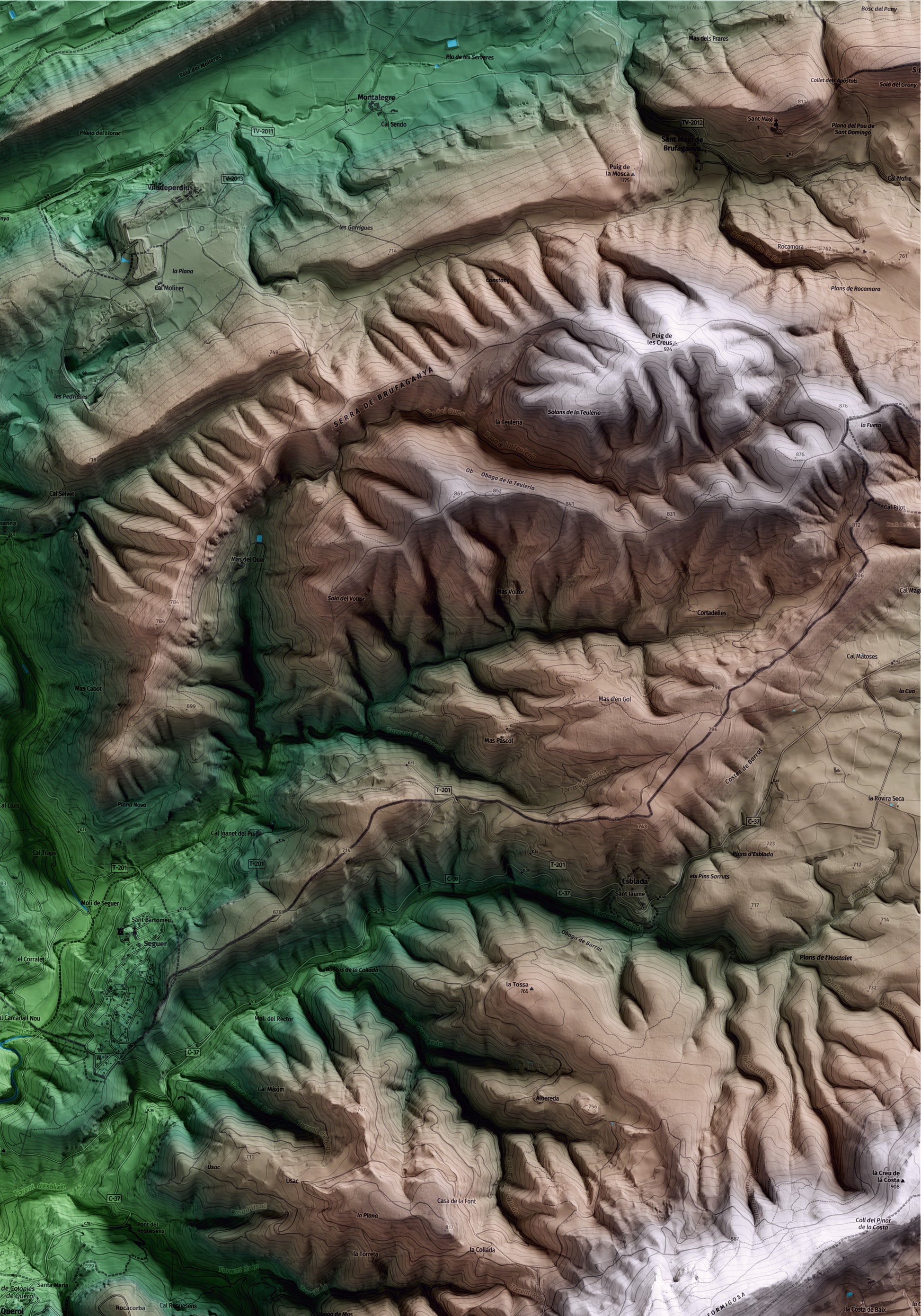 Mapa artístico del relieve de Querol, al Alt Camp, con 15 km de entorno y base topográfica ICGC. Detalle de la zona superior derecha.