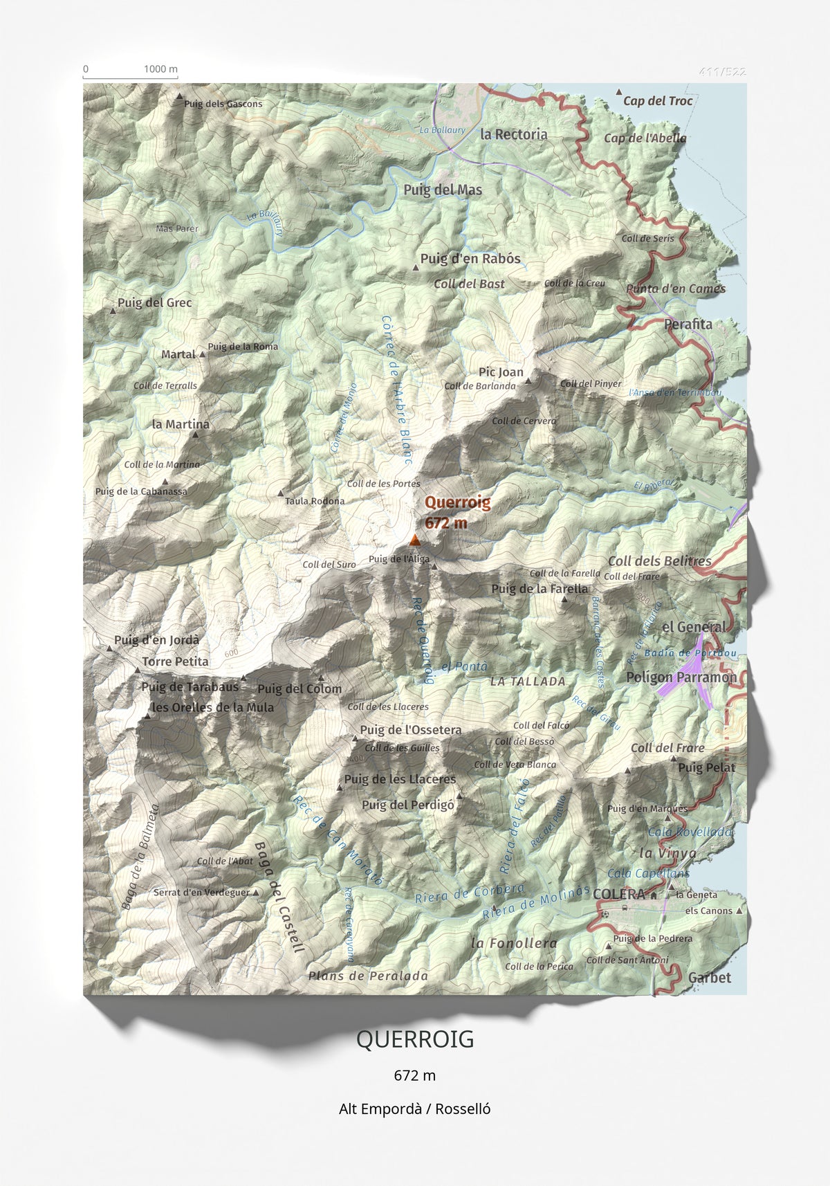 Mapa topogràfic del relleu: Querroig, 672 m. Làmina completa. 21 × 30 cm.