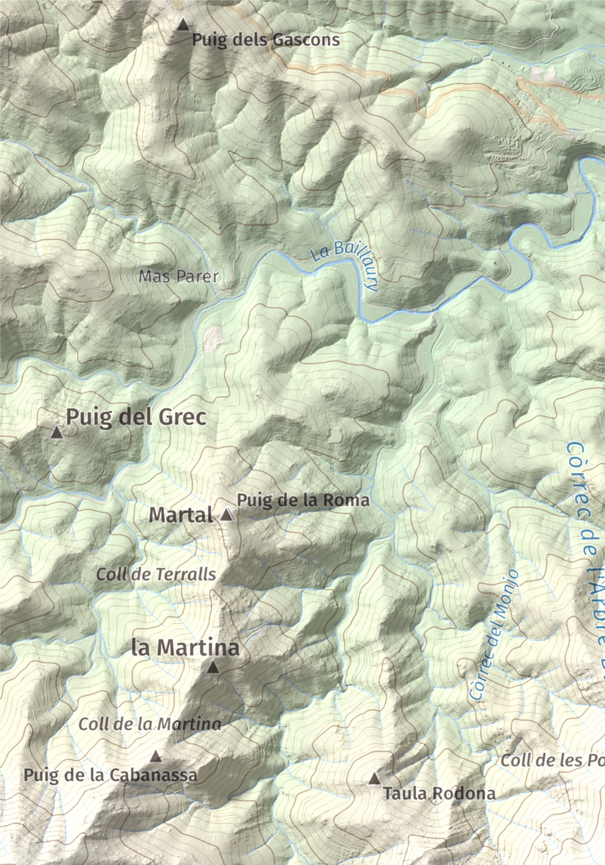 Mapa topogràfic del relleu: Querroig, 672 m. Detall de la zona superior esquerra. 21 × 30 cm.