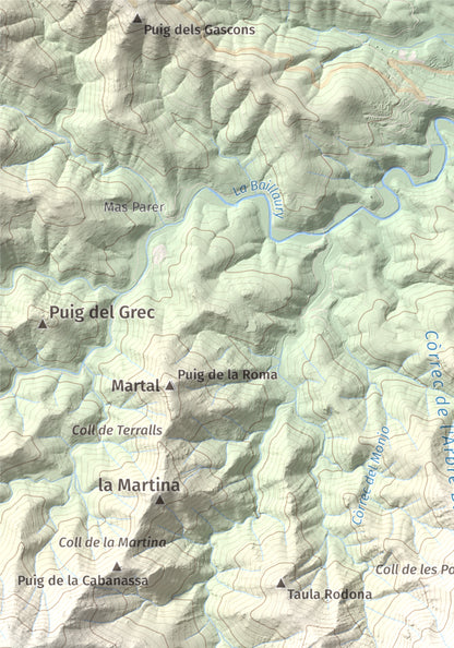 Mapa topogràfic del relleu: Querroig, 672 m. Detall de la zona superior esquerra. 21 × 30 cm.