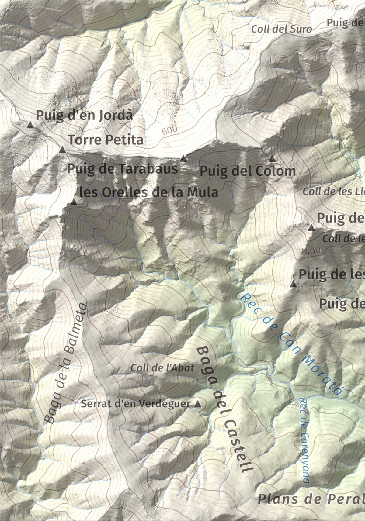 Mapa topogràfic del relleu: Querroig, 672 m. Detall de la zona inferior esquerra. 21 × 30 cm.