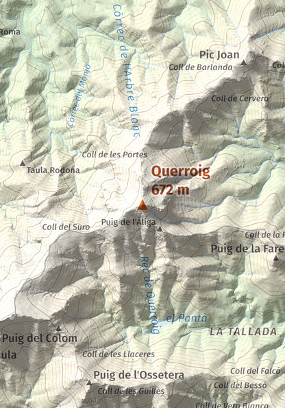 Mapa topogràfic del relleu: Querroig, 672 m. Detall de la zona central. 21 × 30 cm.